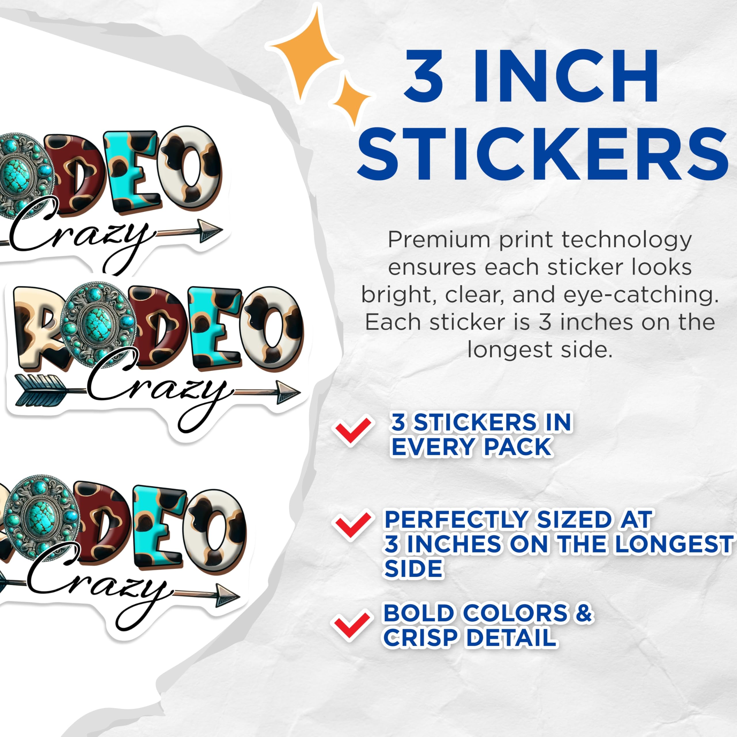 (3 Pack) Rodeo Crazy Decals - Western Stickers - Cowgirl Laptop Decal - 3 Inches On Longest Side - Easy Peel & Apply - Made in USA - 3MCS1932