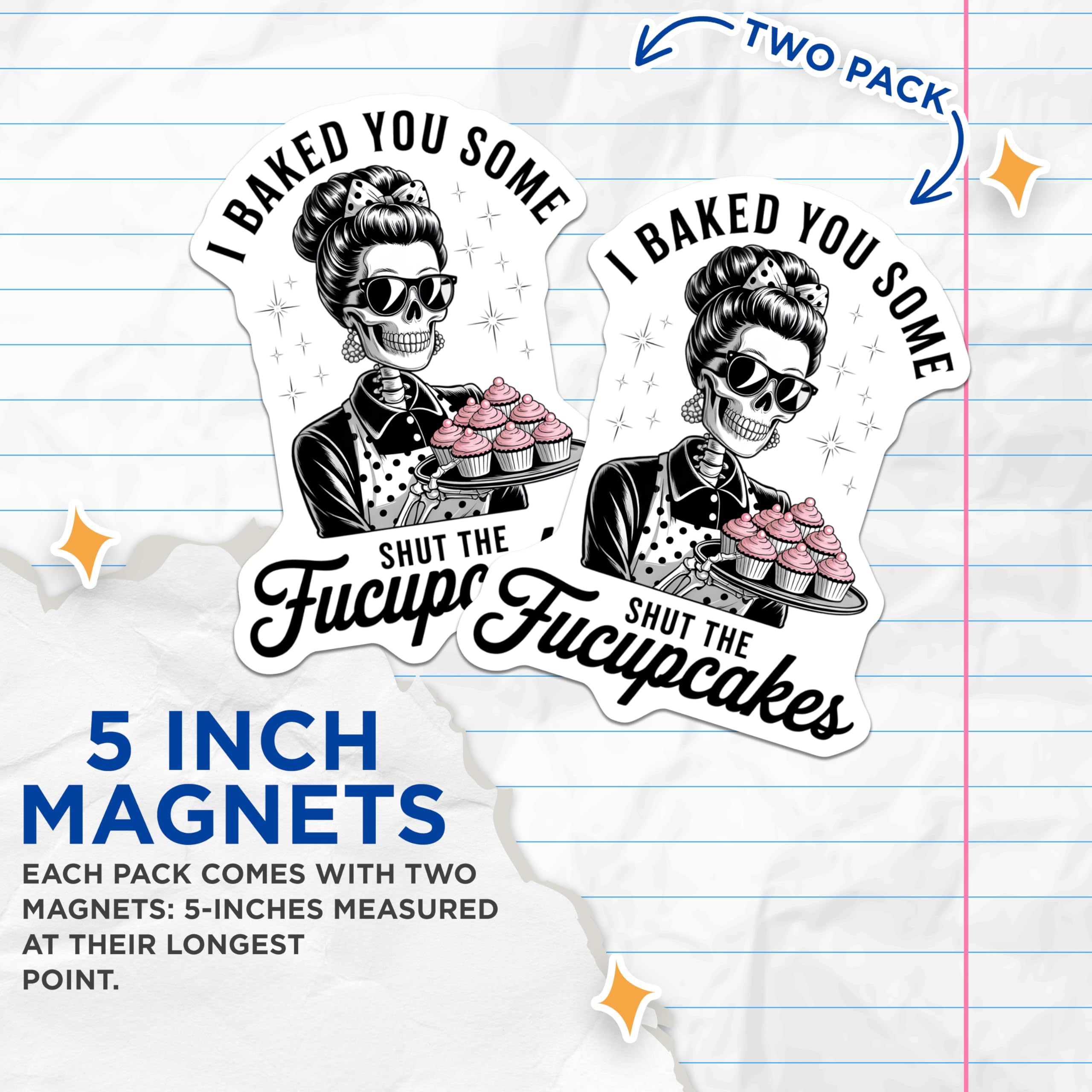 (2 Pack) Sassy Skeleton Baker Magnets - Funny Baking Quote - Retro Pinup Style Decor - 5 Inches On Longest Side - Thick Durable Magnet - Made in USA - MAG23011
