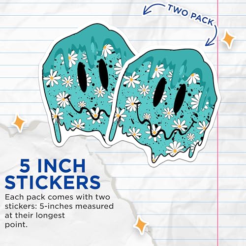 (2 Pack) Smiley Face Flower Stickers - Dripping Design - Cool Decal for Water Bottles and Laptops - 5" On Longest Side - Sticks to Smooth Flat Surfaces - Made in USA - BMCS9217