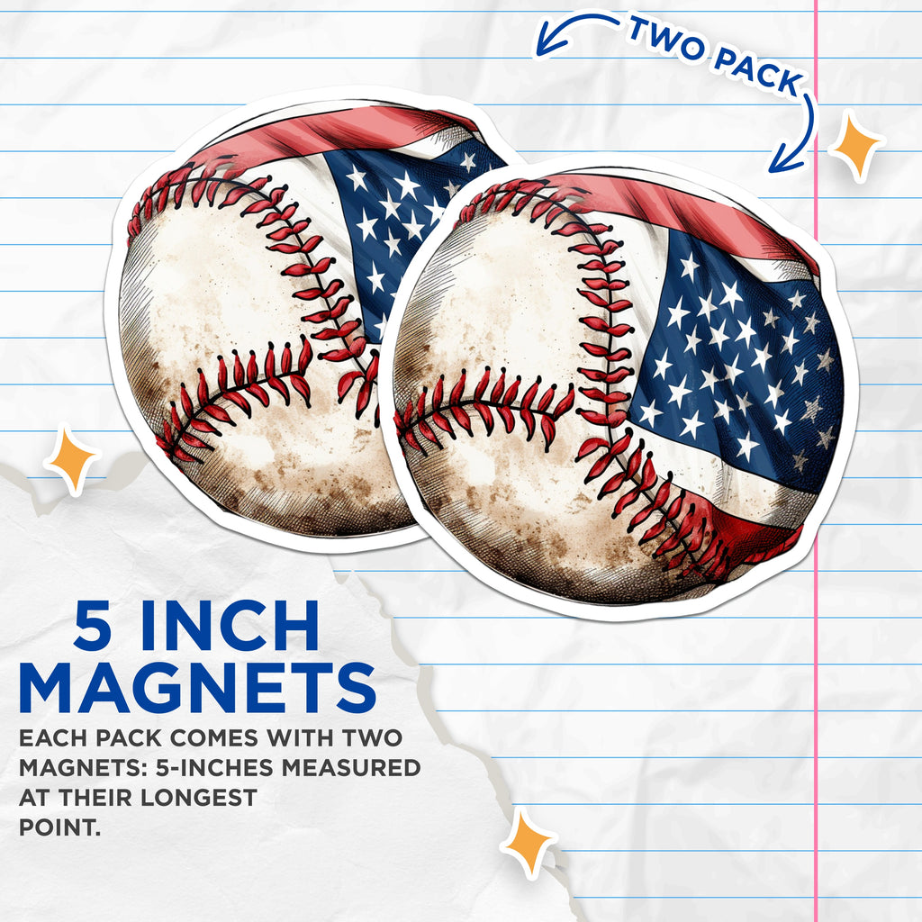 (2 Pack) American Flag Baseball Magnets - Patriotic Sports Fan Decor - USA Baseball Fridge Locker Magnet - 5 Inches On Longest Side - Thick Durable Magnet - Made in USA - MAG36243