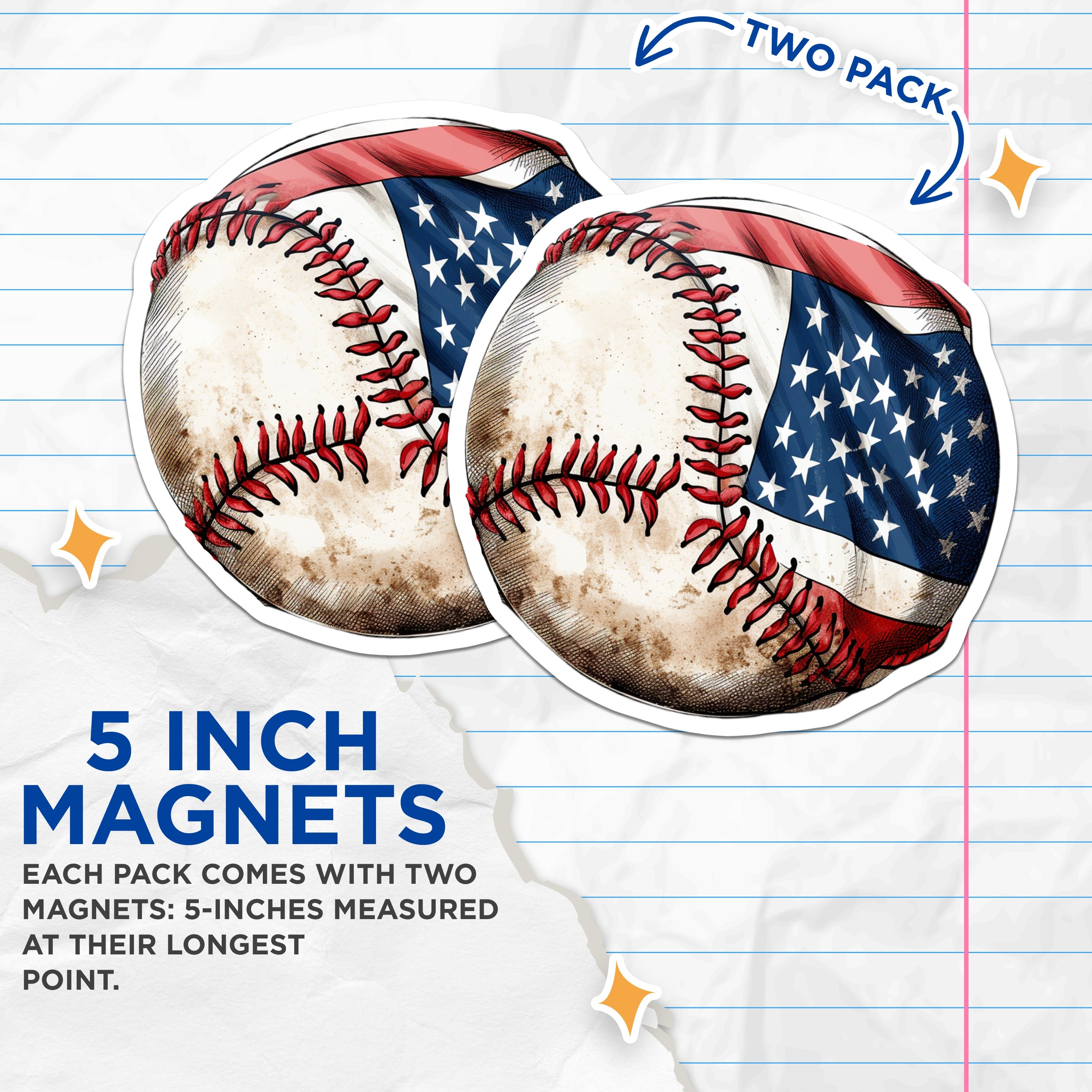 (2 Pack) American Flag Baseball Magnets - Patriotic Sports Fan Decor - USA Baseball Fridge Locker Magnet - 5 Inches On Longest Side - Thick Durable Magnet - Made in USA - MAG36243