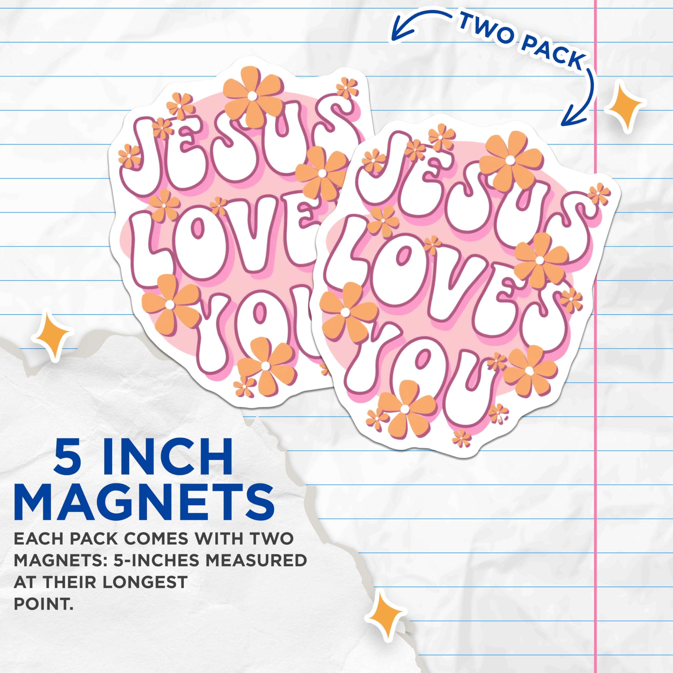 (2 Pack) Jesus Loves You Magnets - Retro Christian Decor - Faith Statement Refrigerator Magnet - 5 Inches On Longest Side - Thick Durable Magnet - Made in USA - MAG27978