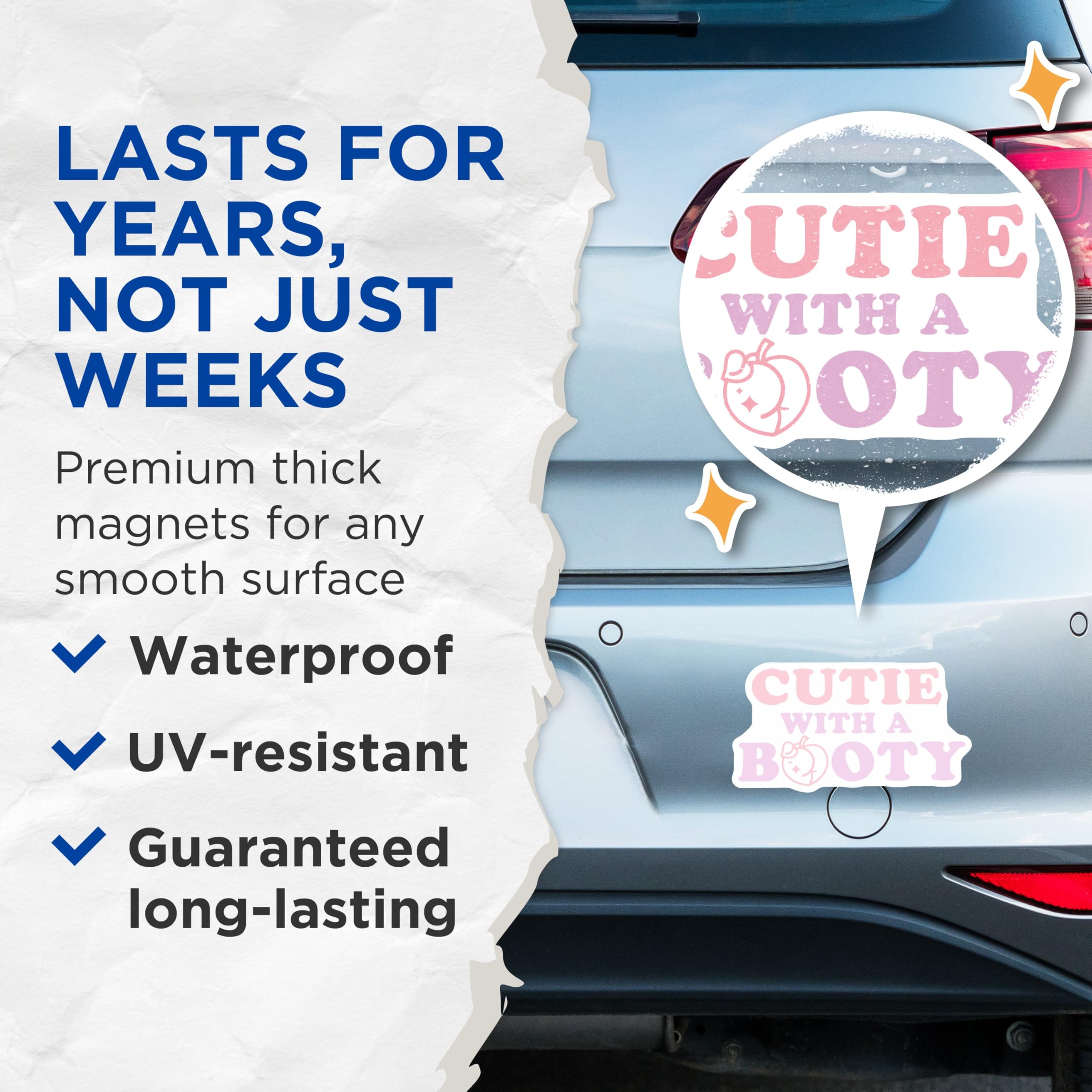 (2 Pack) Cutie with a Booty Magnets - Cute Peach - Funny Phrase Magnets - Humor Kitchen - 5" On Longest Side - for Cars, Fridges, Toolboxes - Made in USA - MAG3794