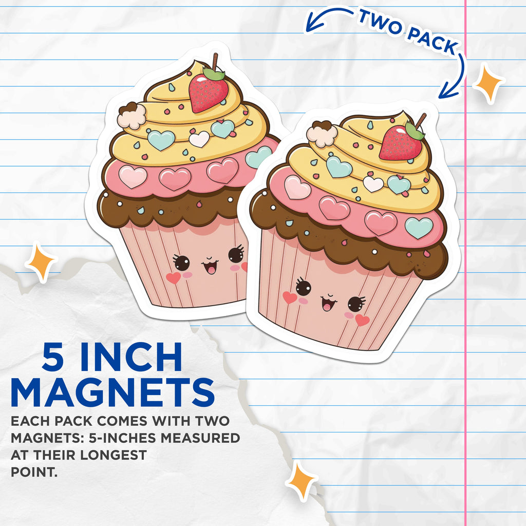(2 Pack) Kawaii Cupcake Magnets - Sweet Dessert Food - Happy Fridge Locker Decor - 5 Inches On Longest Side - Thick Durable Magnet - Made in USA - MAG39596