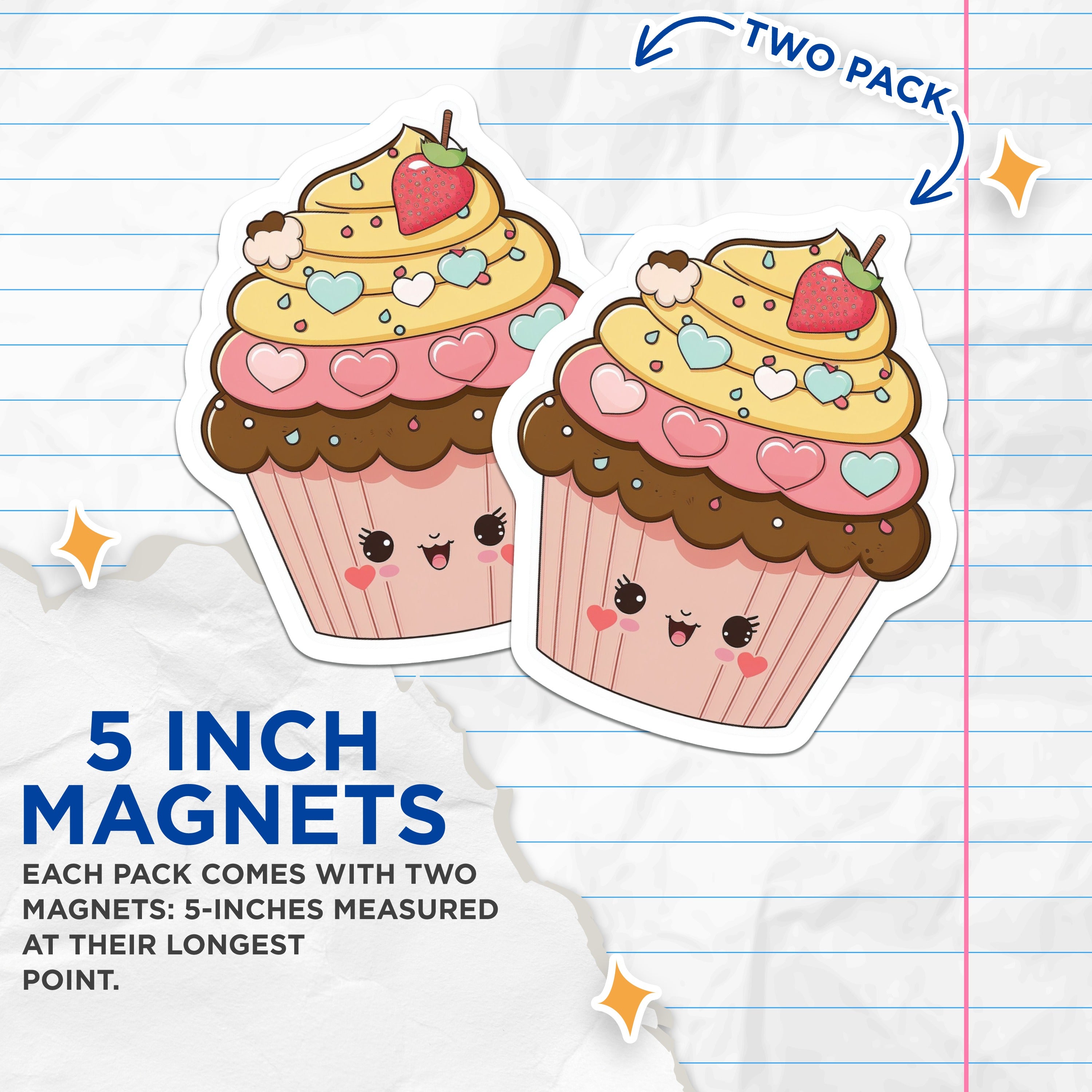 (2 Pack) Kawaii Cupcake Magnets - Sweet Dessert Food - Happy Fridge Locker Decor - 5 Inches On Longest Side - Thick Durable Magnet - Made in USA - MAG39596