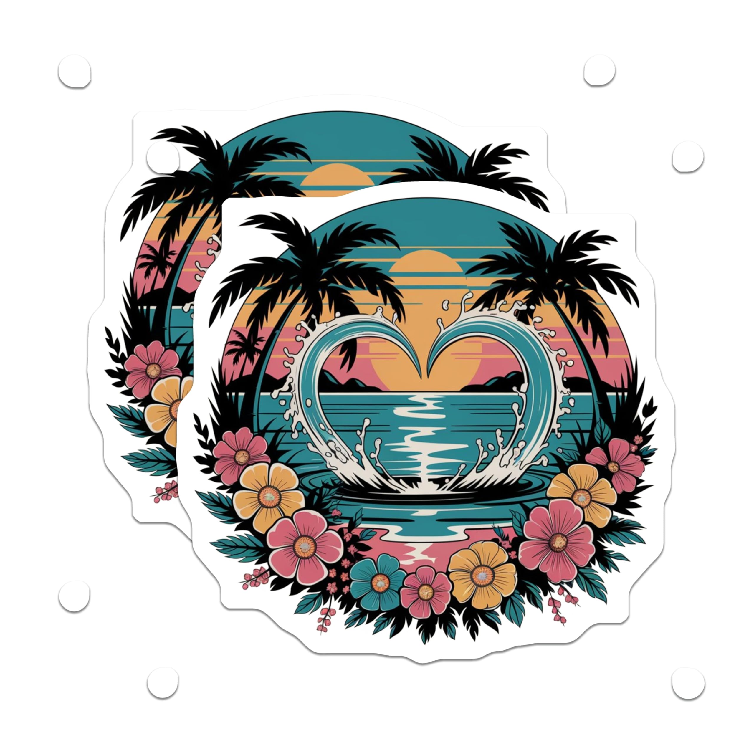 (2 Pack) Retro Tropical Sunset Magnets - Ocean Waves Heart Design - Summer Beach Vibe Decor - 5 Inches On Longest Side - Thick Durable Magnet - Made in USA - MAG27945
