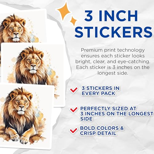 (3 Pack) Lion Decals - Watercolor Animal Stickers - Laptop Decoration - 3 Inches On Longest Side - Easy Peel & Apply - Made in USA - 3MCS7461