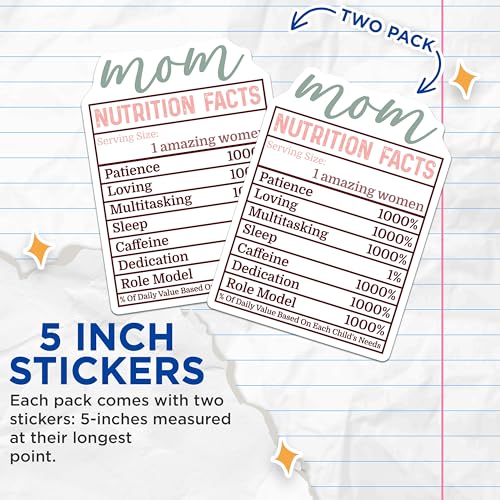 (2 Pack) Mom Nutrition Facts Stickers - Funny Mom Quote - Mother's Day Sticker - 5" On Longest Side - Sticks to Smooth Flat Surfaces - Made in USA - BMCS6401