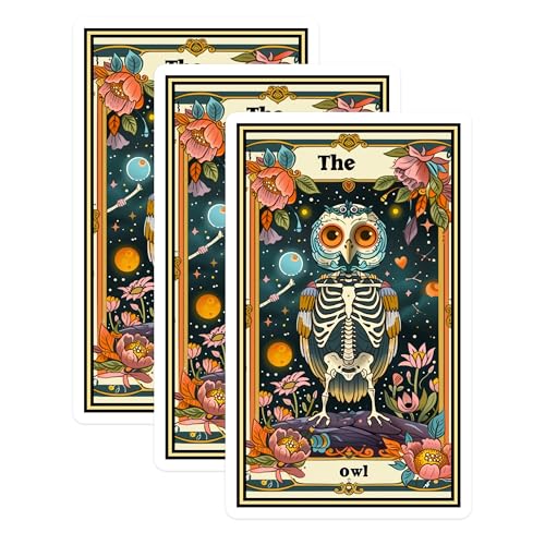 (3 Pack) Owl Tarot Card Decals - Skeleton Bird - Witchy Decal - 3 Inches On Longest Side - Easy Peel & Apply - Made in USA - 3MCS2411