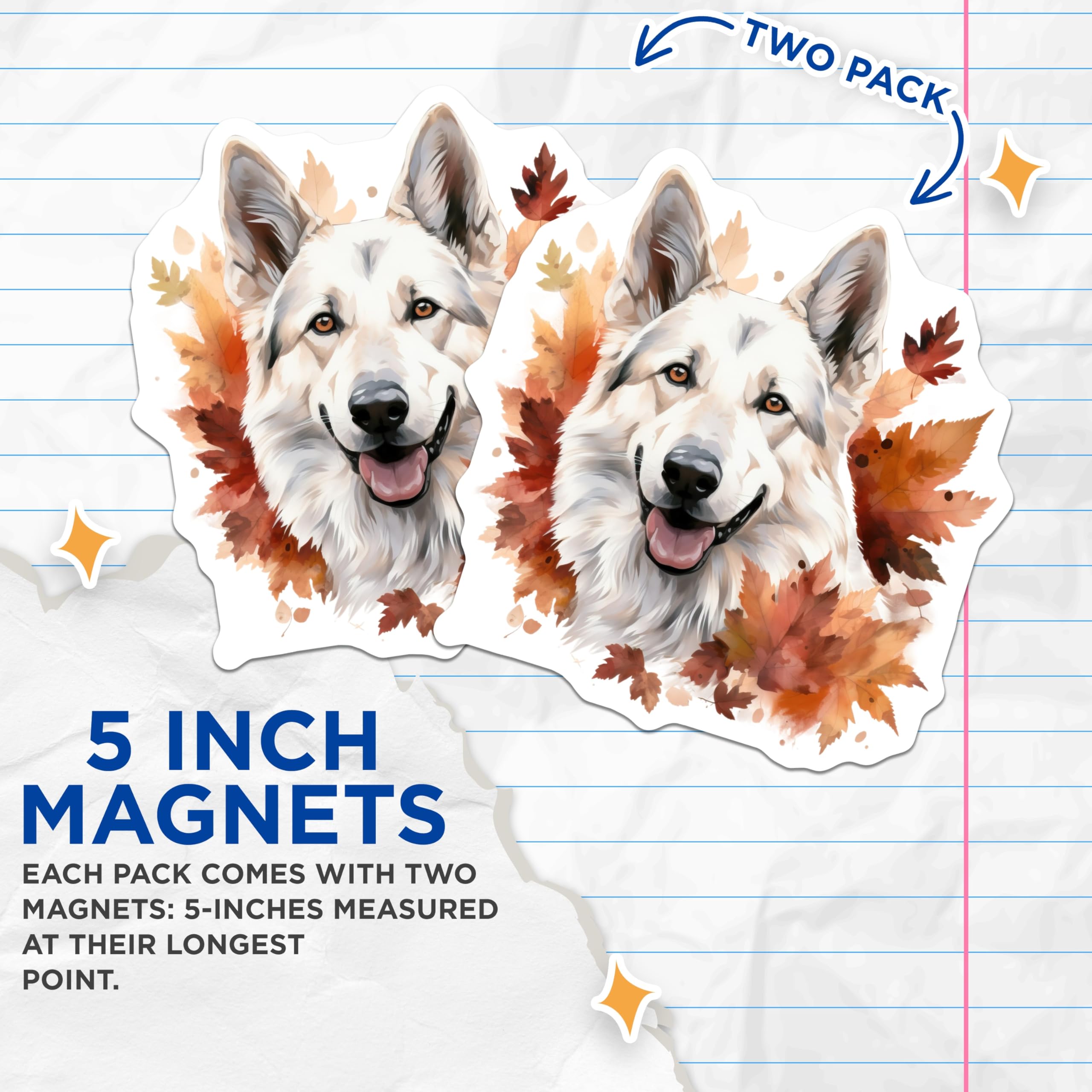 (2 Pack) White Shepherd Magnets - Autumn Dog Decor - Fall Leaves Pet Lover - 5 Inches On Longest Side - Thick Durable Magnet - Made in USA - MAG25991