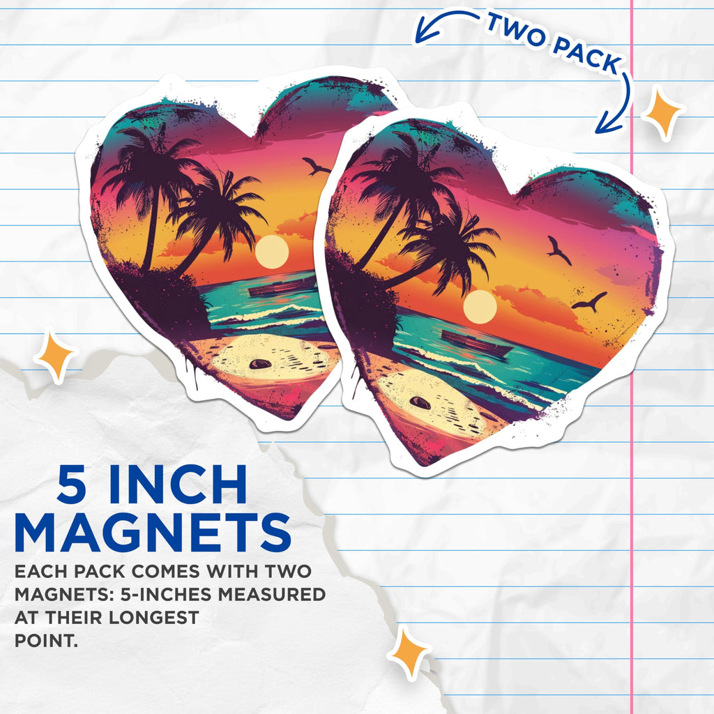 (2 Pack) Tropical Sunset Heart Magnets - Beach Palm Tree Decor - Ocean Lover Refrigerator Accessory - 5 Inches On Longest Side - Thick Durable Magnet - Made in USA - MAG23762