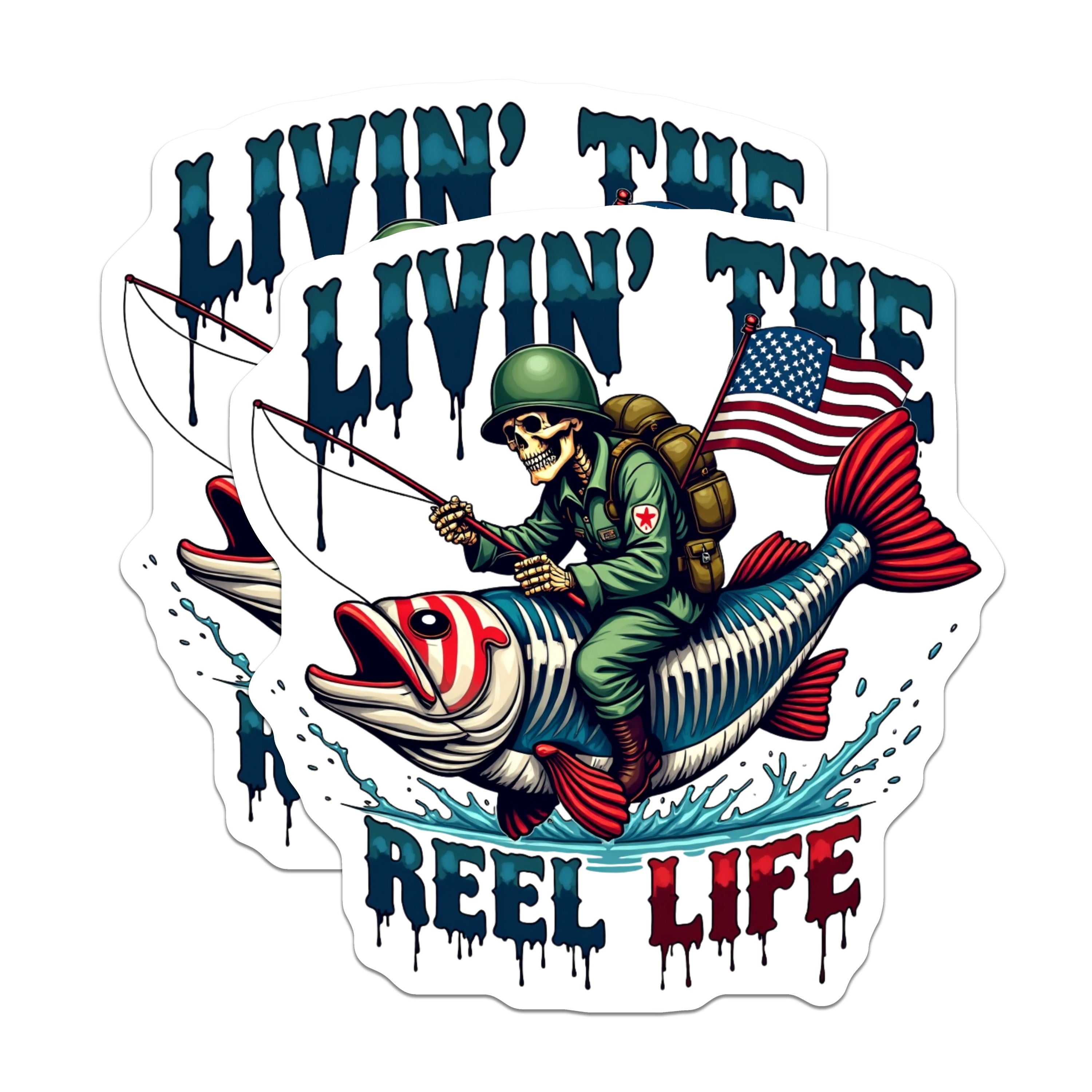 (2 Pack) Livin The Reel Life Magnets - Patriotic Fishing Skeleton - Military Veteran Angler Fridge Decor - 5 Inches On Longest Side - Thick Durable Magnet - Made in USA - MAG36073