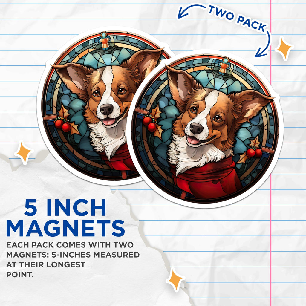 (2 Pack) Christmas Corgi Magnets - Stained Glass Dog Art - Holiday Pet Decor - 5 Inches On Longest Side - Thick Durable Magnet - Made in USA - MAG30252