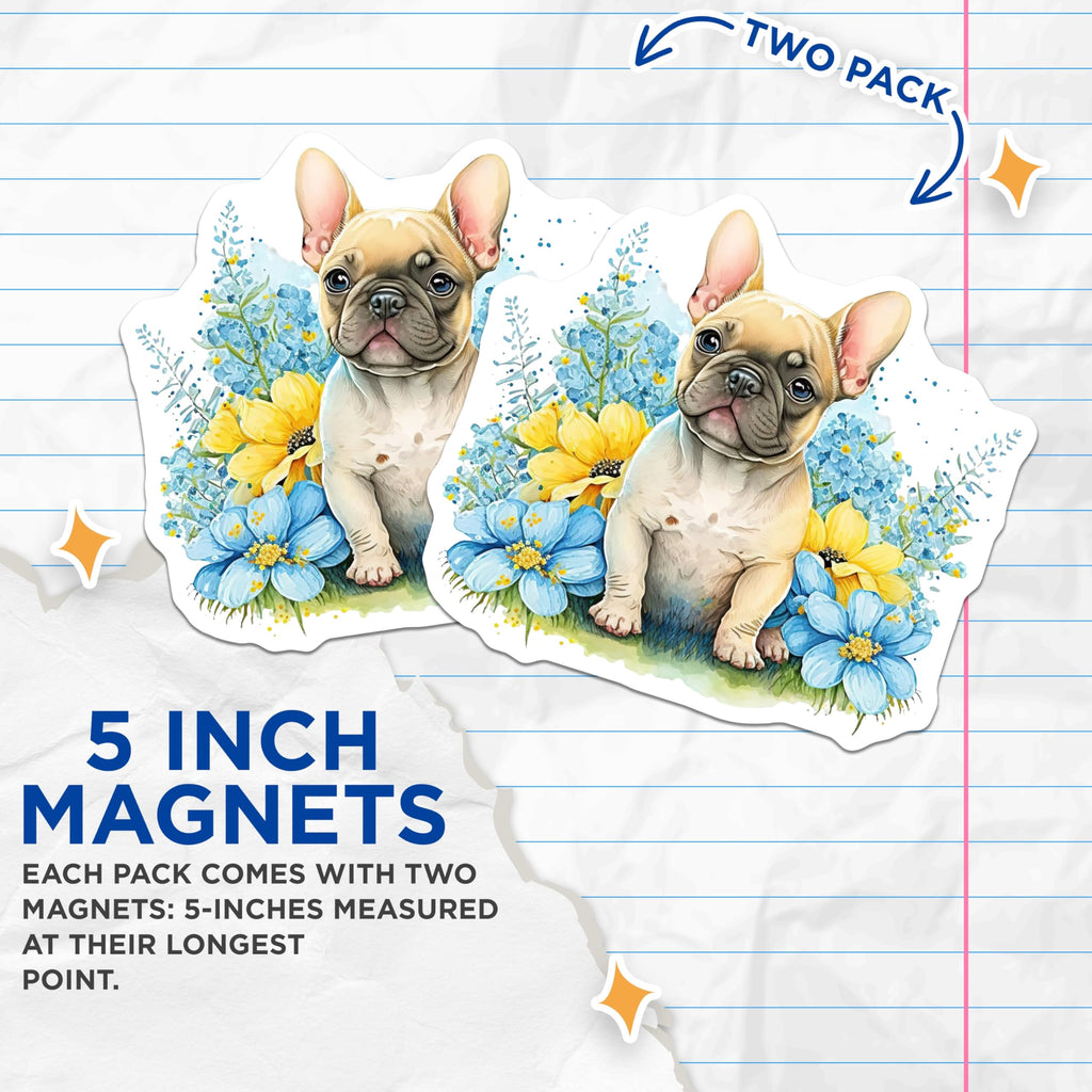 (2 Pack) French Bulldog Magnets - Puppy Dog Decor - Flower Accent Refrigerator Magnets - 5" On Longest Side - Premium Magnet - for Cars, Refrigerators, Toolboxes, Lockers - Made in USA - MAG16313