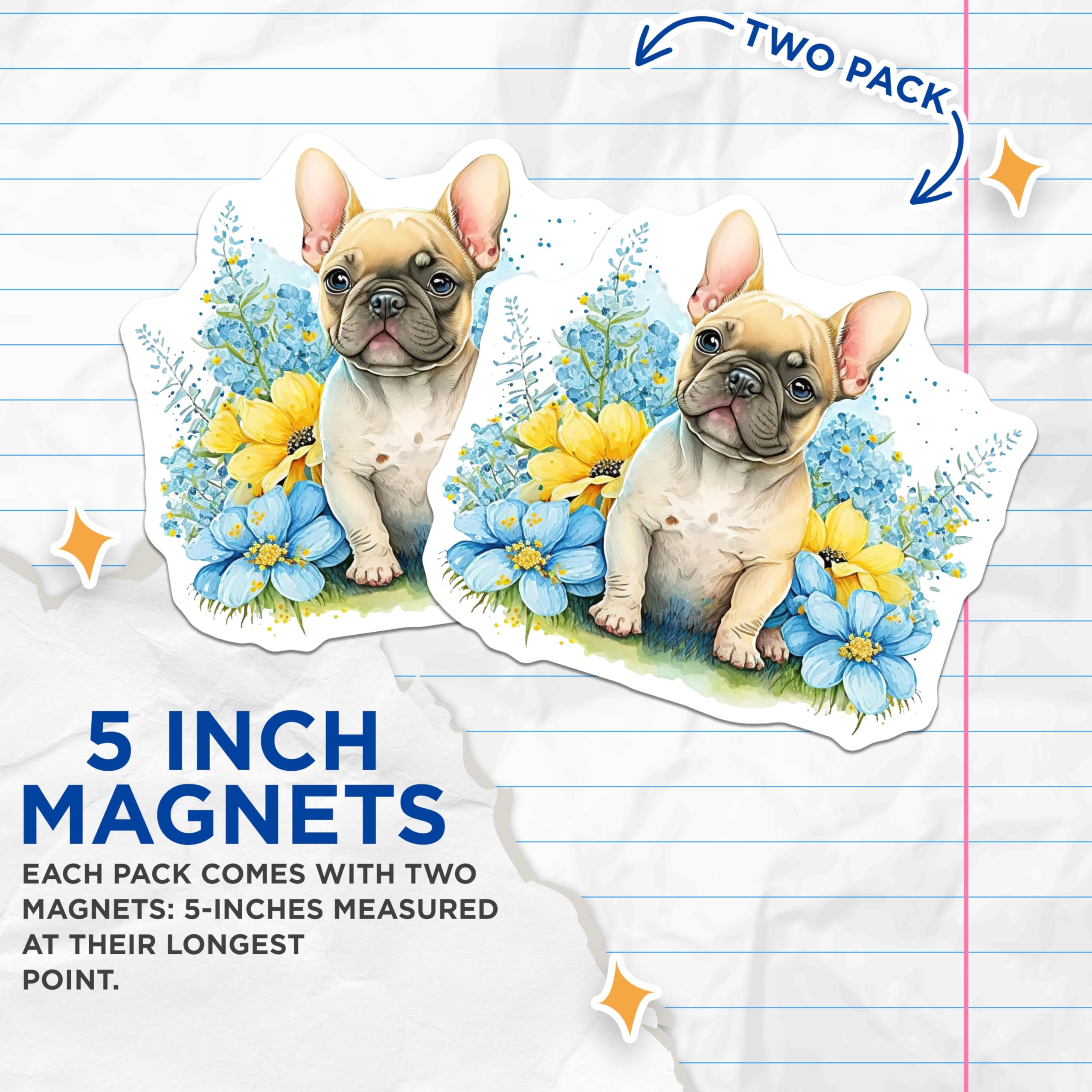 (2 Pack) French Bulldog Magnets - Puppy Dog Decor - Flower Accent Refrigerator Magnets - 5" On Longest Side - Premium Magnet - for Cars, Refrigerators, Toolboxes, Lockers - Made in USA - MAG16313