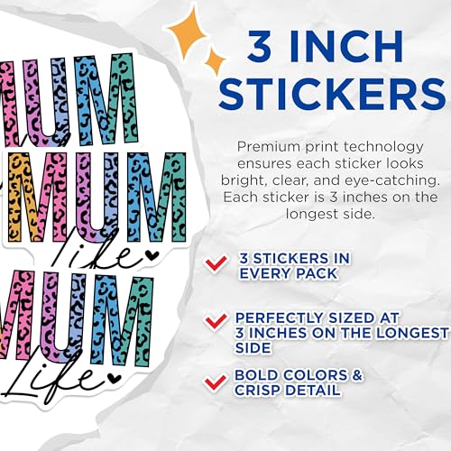 (3 Pack) Mum Life Decals - Leopard Print Mom - Motherhood Stickers - 3 Inches On Longest Side - Easy Peel & Apply - Made in USA - 3MCS2309