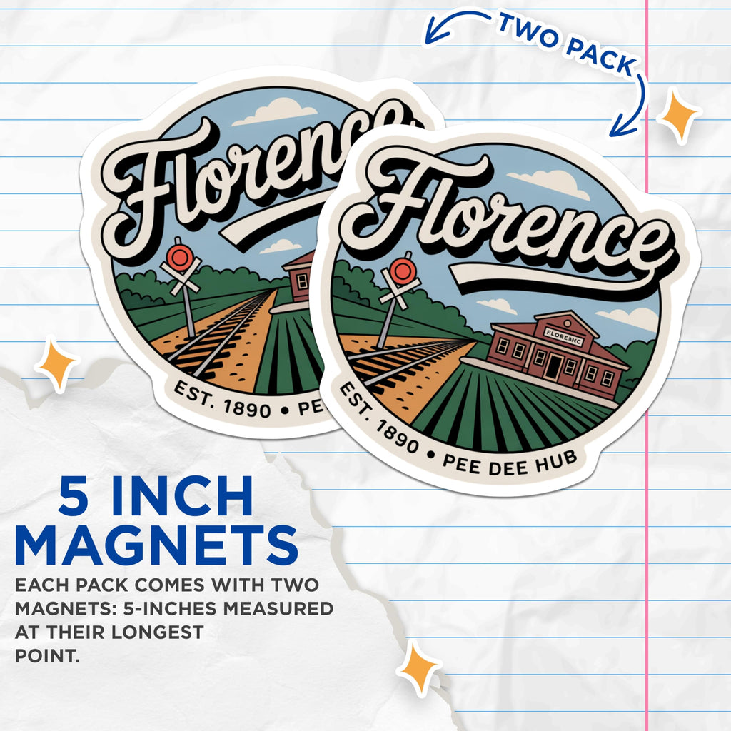 (2 Pack) Florence NC Magnets - Pee Dee Hub Railroad Depot - Vintage North Carolina Souvenir Magnet - 5 Inches On Longest Side - Thick Durable Magnet - Made in USA - MAG19428