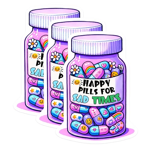(3 Pack) Happy Pills Decals - Mental Health - Laptop Decals - 3 Inches On Longest Side - Easy Peel & Apply - Made in USA - 3MCS6270