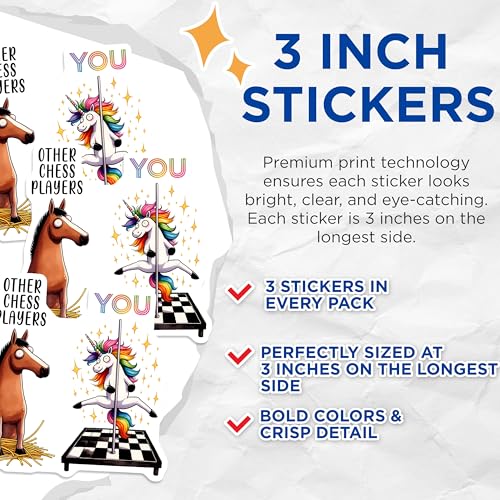 (3 Pack) Funny Chess Decals - Pole Dancing Unicorn - Horse Chess Player Stickers - 3 Inches On Longest Side - Easy Peel & Apply - Made in USA - 3MCS1965