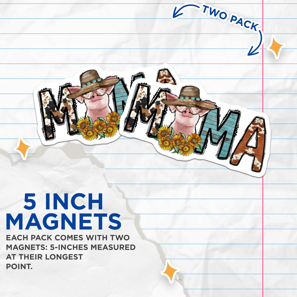 (2 Pack) Mama Magnets - Pig Cowgirl Sunflowers - Western Farmhouse Kitchen Decor - 5 Inches On Longest Side - Thick Durable Magnet - Made in USA - MAG23281