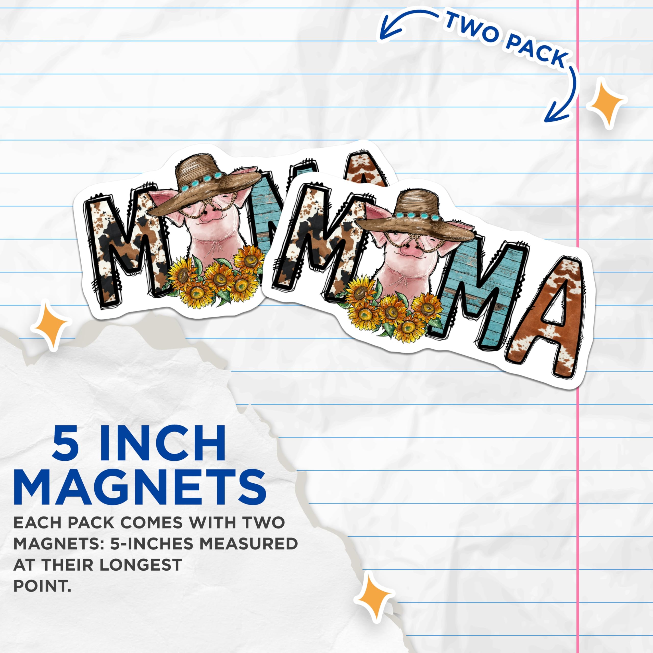(2 Pack) Mama Magnets - Pig Cowgirl Sunflowers - Western Farmhouse Kitchen Decor - 5 Inches On Longest Side - Thick Durable Magnet - Made in USA - MAG23281