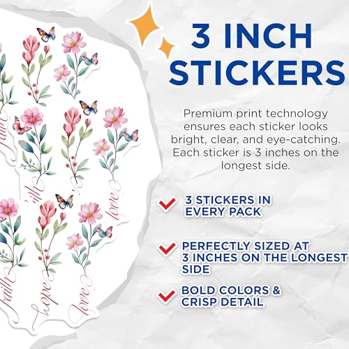 (3 Pack) Faith Hope Love Decals - Floral Laptop Decal - Butterfly Flower Decals - 3 Inches On Longest Side - Easy Peel & Apply - Made in USA - 3MCS7337