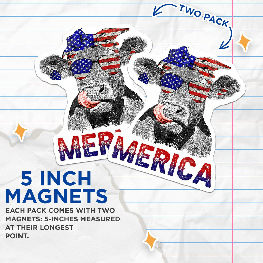 (2 Pack) Merica Cow Magnets - Patriotic Fridge Magnets - Funny American Flag Decor for Kitchen Refrigerator - 5 Inches On Longest Side - Thick Durable Magnet - Made in USA - MAG30195