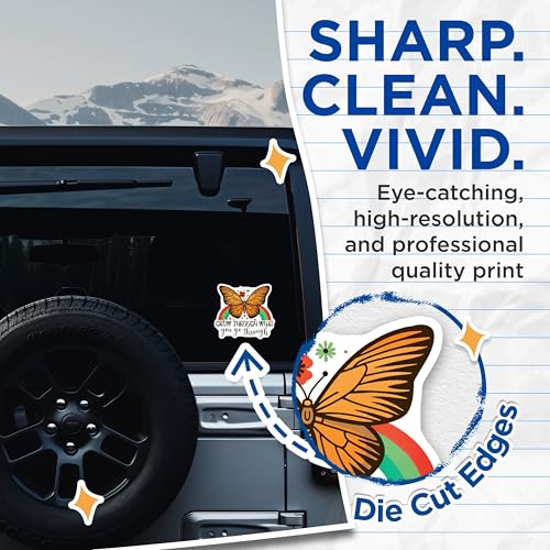 (2 Pack) Inspirational Butterfly Stickers - Grow Through What You Go Through Stickers - Motivational Quote Stickers - 5" On Longest Side - Sticks to Smooth Flat Surfaces - Made in USA - BMCS4328