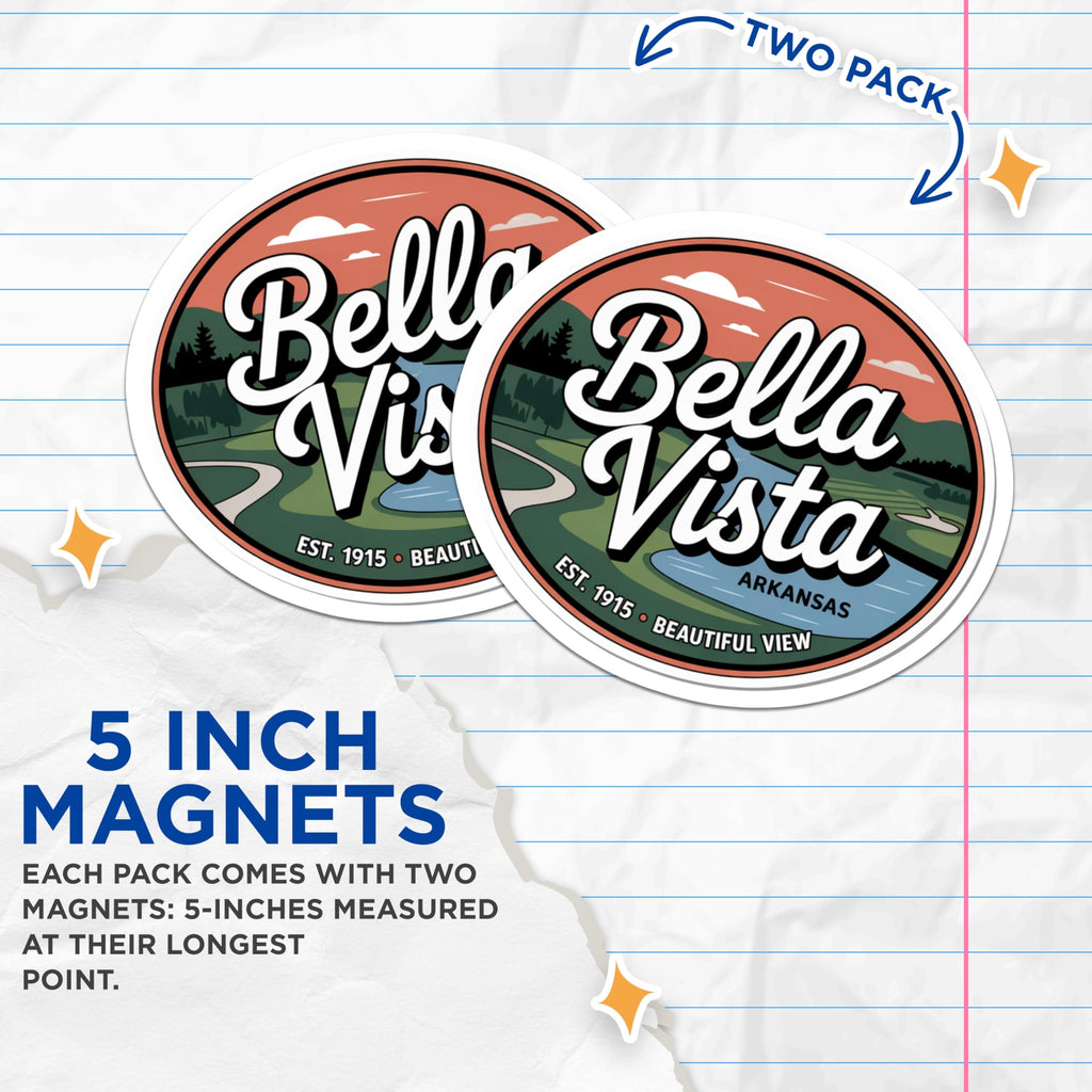(2 Pack) Bella Vista Arkansas Magnets - Scenic Fridge Magnets - Beautiful View Souvenir - 5" On Longest Side - Premium Magnet - for Cars, Refrigerators, Toolboxes, Lockers - Made in USA - MAG18177