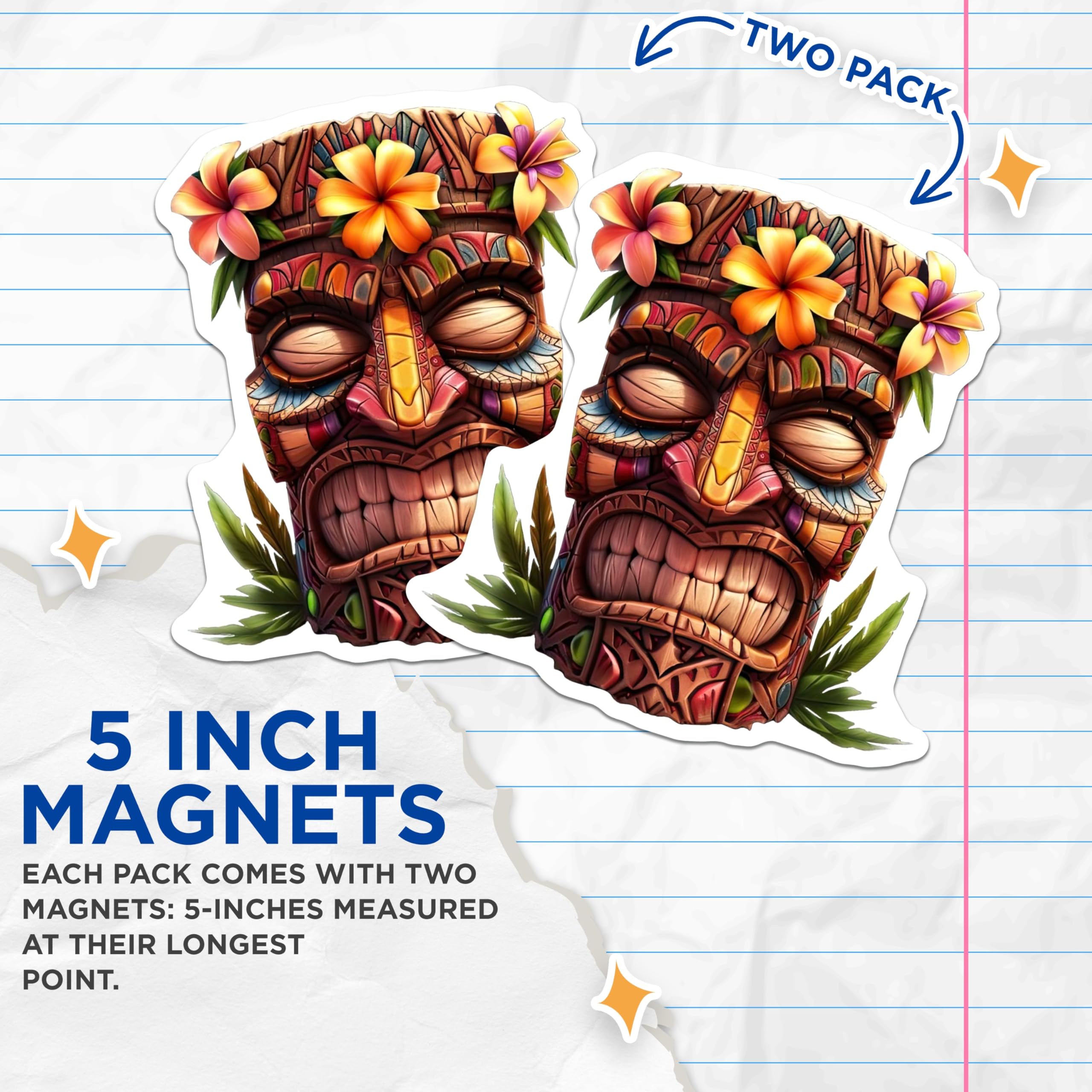 (2 Pack) Tiki Mask Tropical Art Magnets - Hawaiian Decor - Polynesian Culture - Luau Party Island Vibes - 5 Inches On Longest Side - Thick Durable Magnet - Made in USA - MAG22512