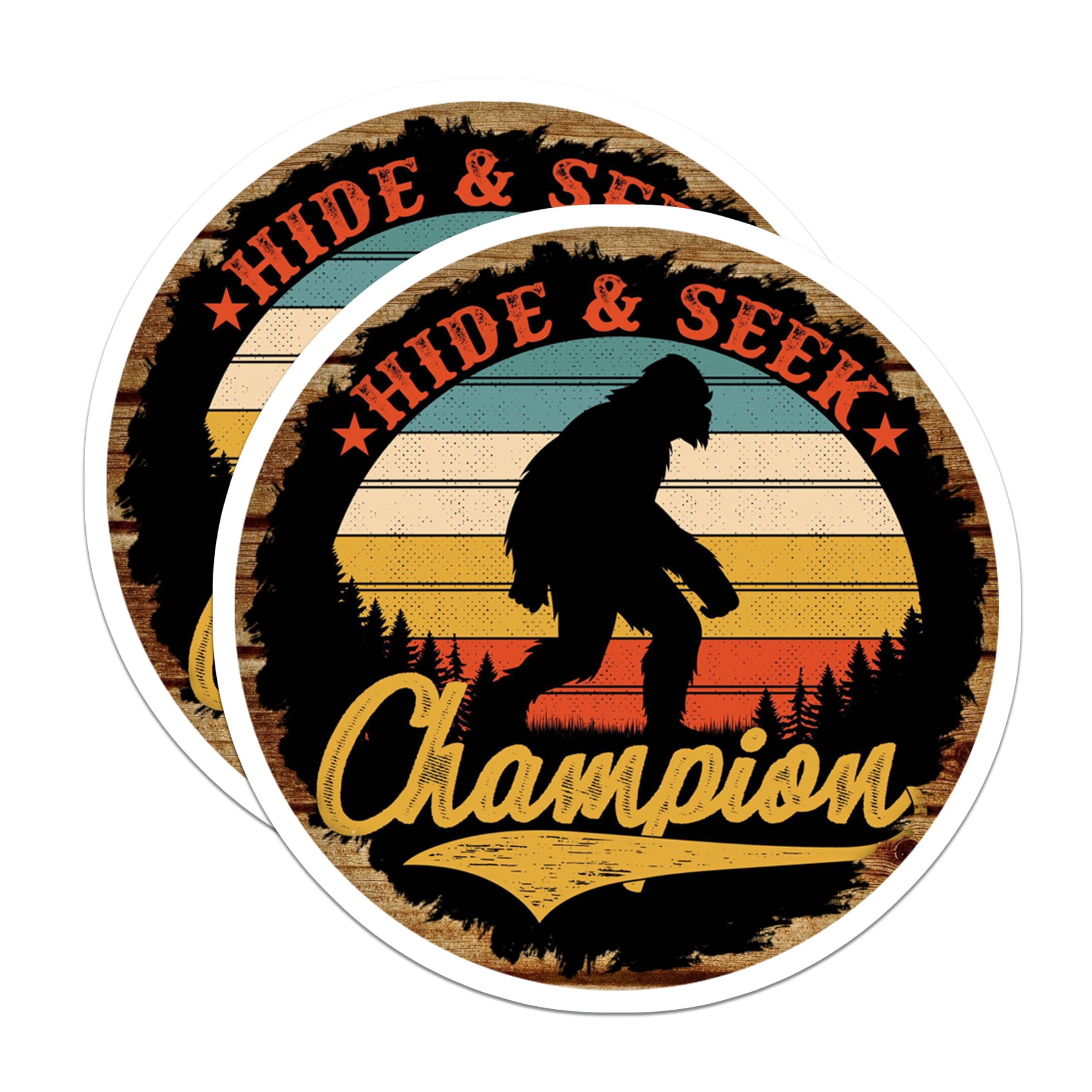 (2 Pack) Bigfoot Hide & Seek Champion Magnets - Funny Sasquatch Retro Decor - Outdoor Adventure Humor for Men - 5 Inches On Longest Side - Thick Durable Magnet - Made in USA - MAG30091