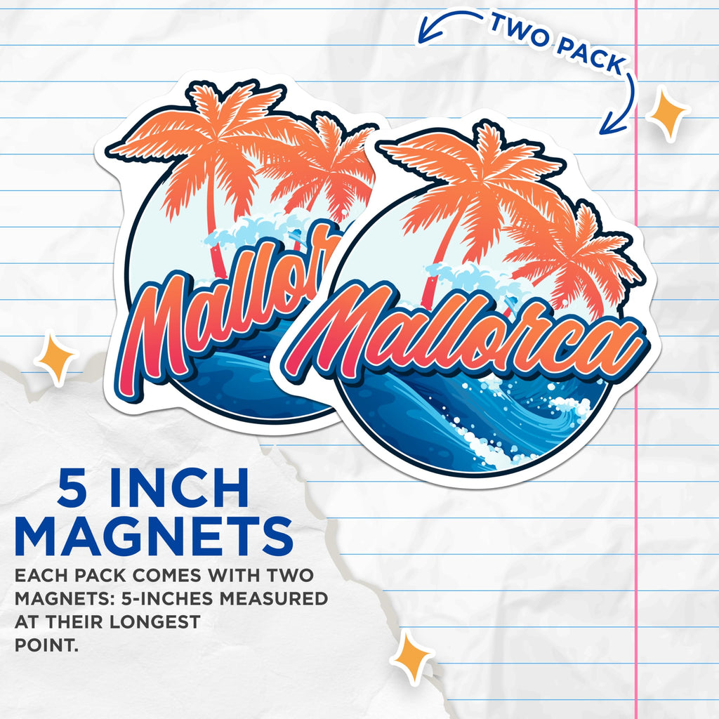 (2 Pack) Mallorca Magnets - Tropical Island Decor - Palm Tree Ocean Waves - Holiday Souvenir - 5 Inches On Longest Side - Thick Durable Magnet - Made in USA - MAG19142