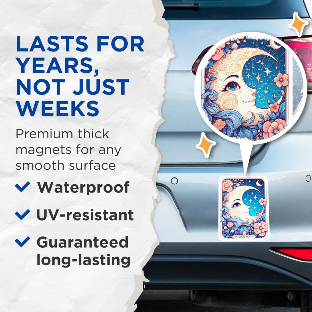(2 Pack) Mystical Moon Face Magnets - Celestial Floral Decoration - Whimsical Dreamy Art Pieces - 5 Inches On Longest Side - Thick Durable Magnet - Made in USA - MAG21075
