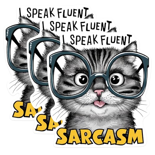 (3 Pack) Sarcastic Cat Decals - Fluent Sarcasm - Cat with Glasses - 3 Inches On Longest Side - Easy Peel & Apply - Made in USA - 3MCS0928