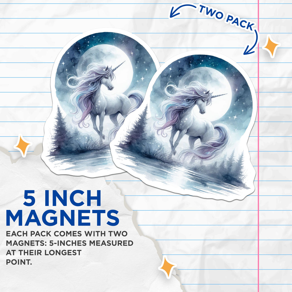 (2 Pack) Unicorn Moon Magnets - Watercolor Fantasy Art - Mystical Creature Fridge Magnets - 5 Inches On Longest Side - Thick Durable Magnet - Made in USA - MAG39733