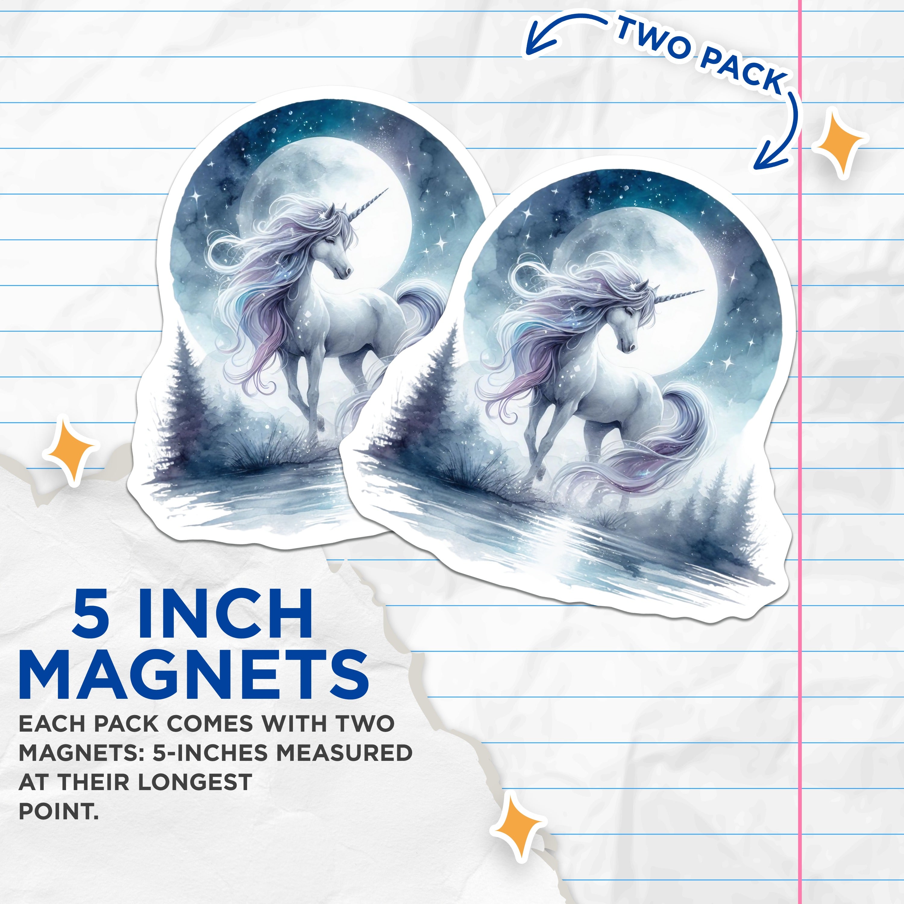 (2 Pack) Unicorn Moon Magnets - Watercolor Fantasy Art - Mystical Creature Fridge Magnets - 5 Inches On Longest Side - Thick Durable Magnet - Made in USA - MAG39733