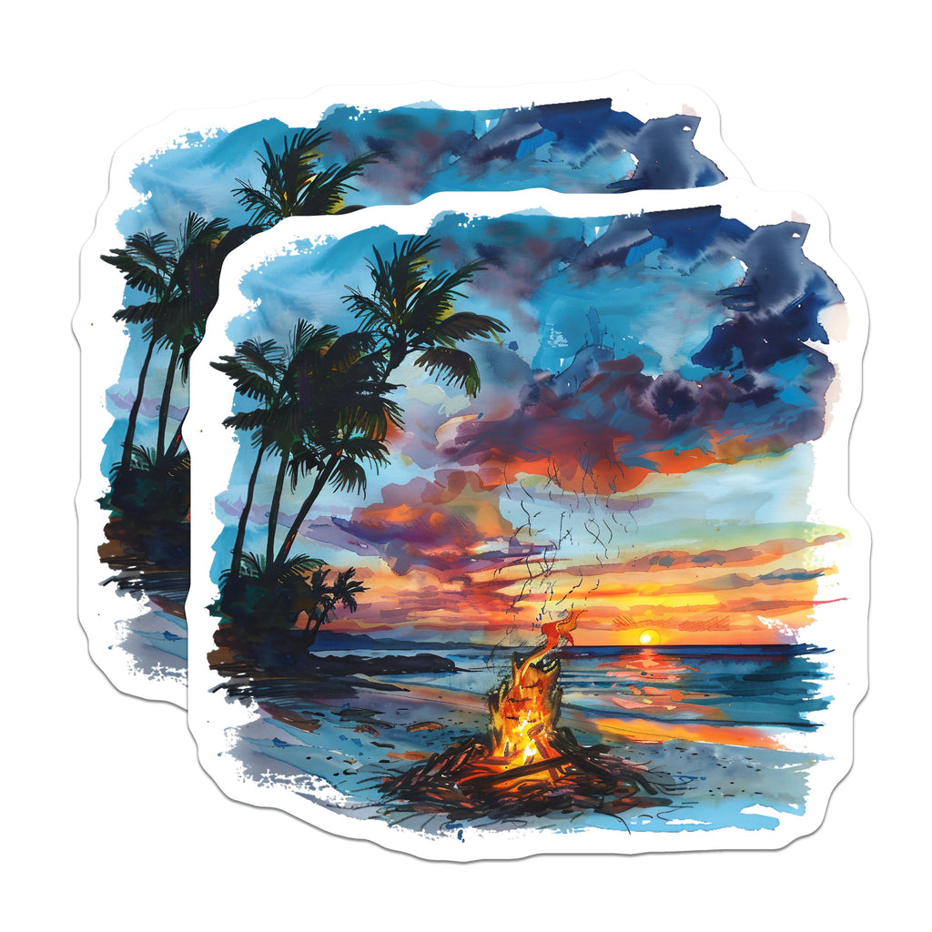 (2 Pack) Beach Bonfire Magnets - Sunset Ocean Art - Tropical Palm Tree Scene - Coastal Decor - Refrigerator Locker Magnet - 5 Inches On Longest Side - Thick Durable Magnet - Made in USA - MAG36965