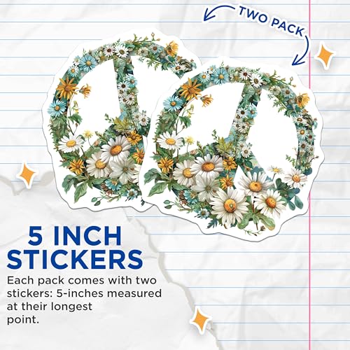 (2 Pack) Peace Symbol Floral Stickers - Boho Hippie Aesthetic - Flower Power Decor - 5" On Longest Side - Sticks to Smooth Flat Surfaces - Made in USA - BMCS8864