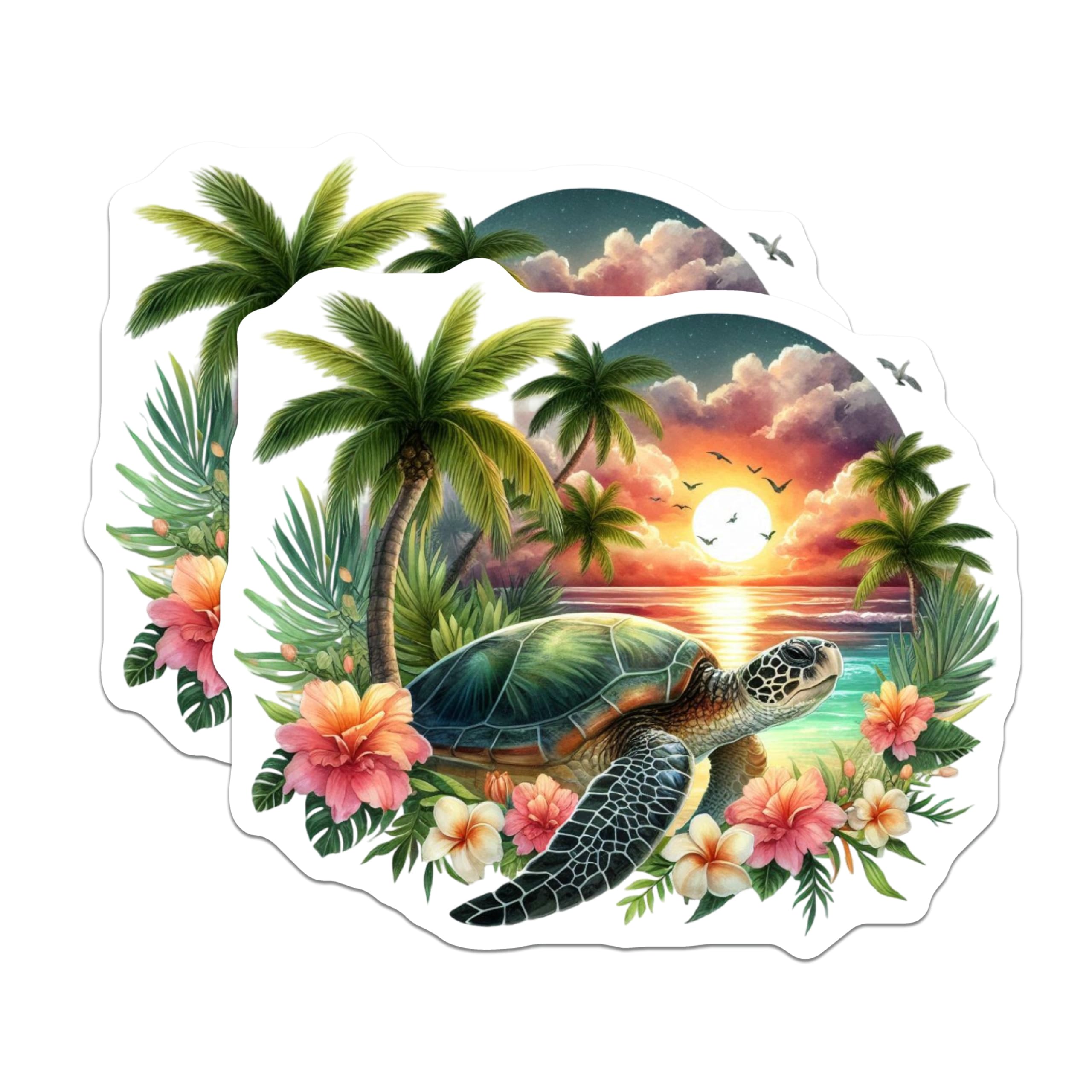 (2 Pack) Sea Turtle Magnets - Tropical Sunset Beach Decor - Ocean Life Refrigerator Art - Hawaii Palm Tree Accent - 5 Inches On Longest Side - Thick Durable Magnet - Made in USA - MAG21745