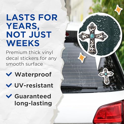 (2 Pack) Leopard Cross Stickers - Religious Sticker - 5" On Longest Side - Sticks to Smooth Flat Surfaces - Made in USA - BMCS8732 - BMCS8732