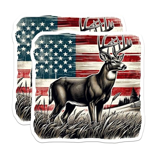 (2 Pack) Deer Animal Stickers - American Flag Art - Nature Wildlife Decal - 5" On Longest Side - Sticks to Smooth Flat Surfaces - Made in USA - BMCS6955