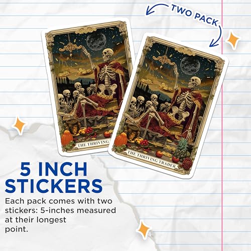 (2 Pack) The Thriving Trader Stickers - Skeleton Trader Stickers - Halloween Skeleton Wealth Stickers - 5" On Longest Side - Sticks to Smooth Flat Surfaces - Made in USA - BMCS4880