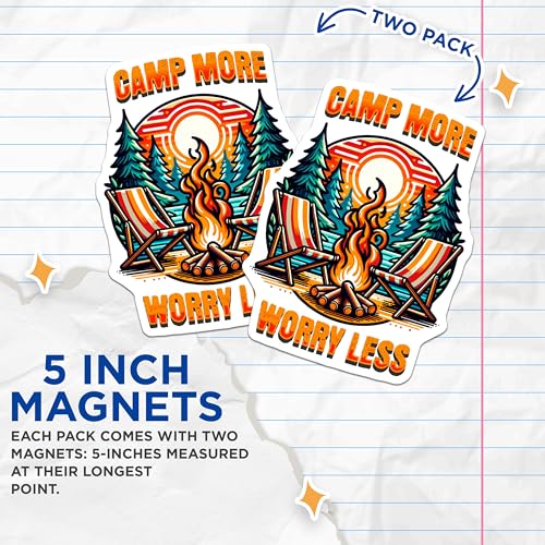 (2 Pack) Camp More Worry Less Magnets - Camping Adventure - Outdoor Lover Decor - Rustic Cabin - 5" On Longest Side - for Cars, Fridges, Toolboxes - Made in USA - MAG6922