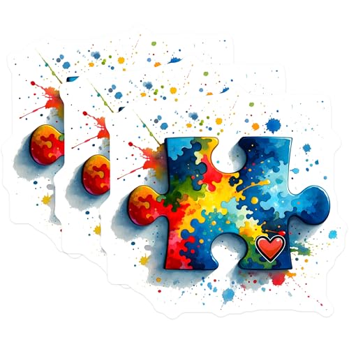 (3 Pack) Autism Awareness Decals - Puzzle Piece Stickers - Colorful Heart Laptop Decal - 3 Inches On Longest Side - Easy Peel & Apply - Made in USA - 3MCS6880