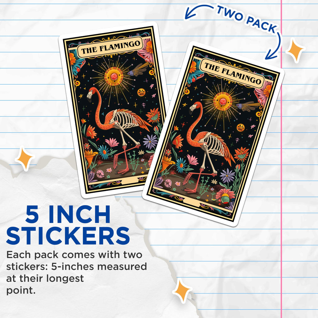 (2 Pack) The Flamingo Stickers - Skeleton Flamingo Decor - Flower and Sun Design Stickers - 5" On Longest Side - Sticks to Smooth Flat Surfaces - Made in USA - BMCS3672