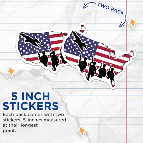 (2 Pack) USA Flag Military Stickers - American Soldier - Patriotic Map Sticker - 5" On Longest Side - Sticks to Smooth Flat Surfaces - Made in USA - BMCS6027