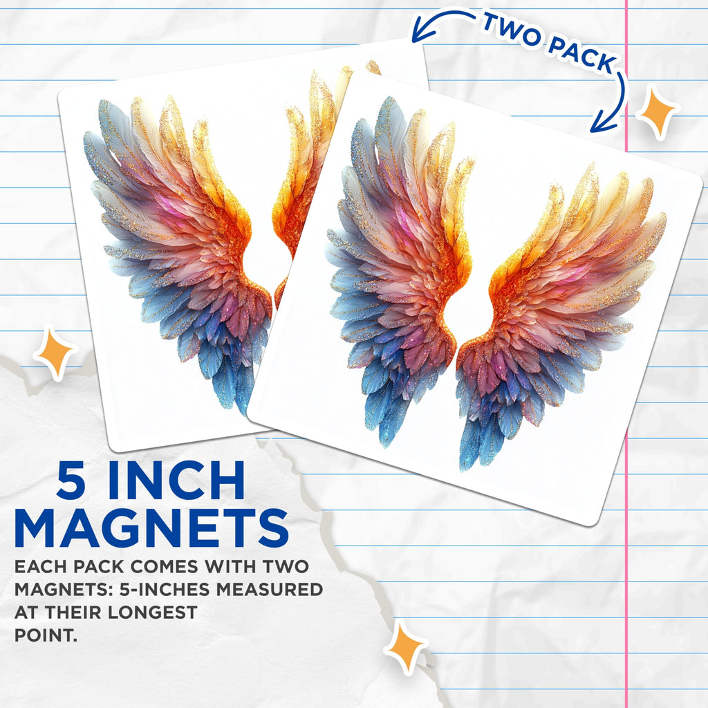 (2 Pack) Angel Wing Magnets - Glitter Feather Decor - Whimsical Refrigerator Art - 5 Inches On Longest Side - Thick Durable Magnet - Made in USA - MAG29276