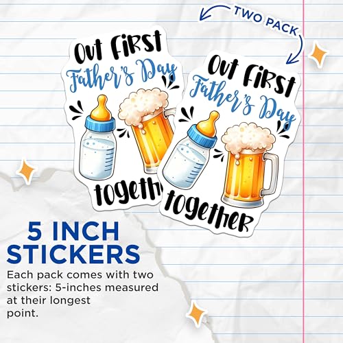 (2 Pack) Out First Father's Day Together Stickers - Baby Bottle and Beer Mug - Dad and New Baby - 5" On Longest Side - Sticks to Smooth Flat Surfaces - Made in USA - BMCS7497
