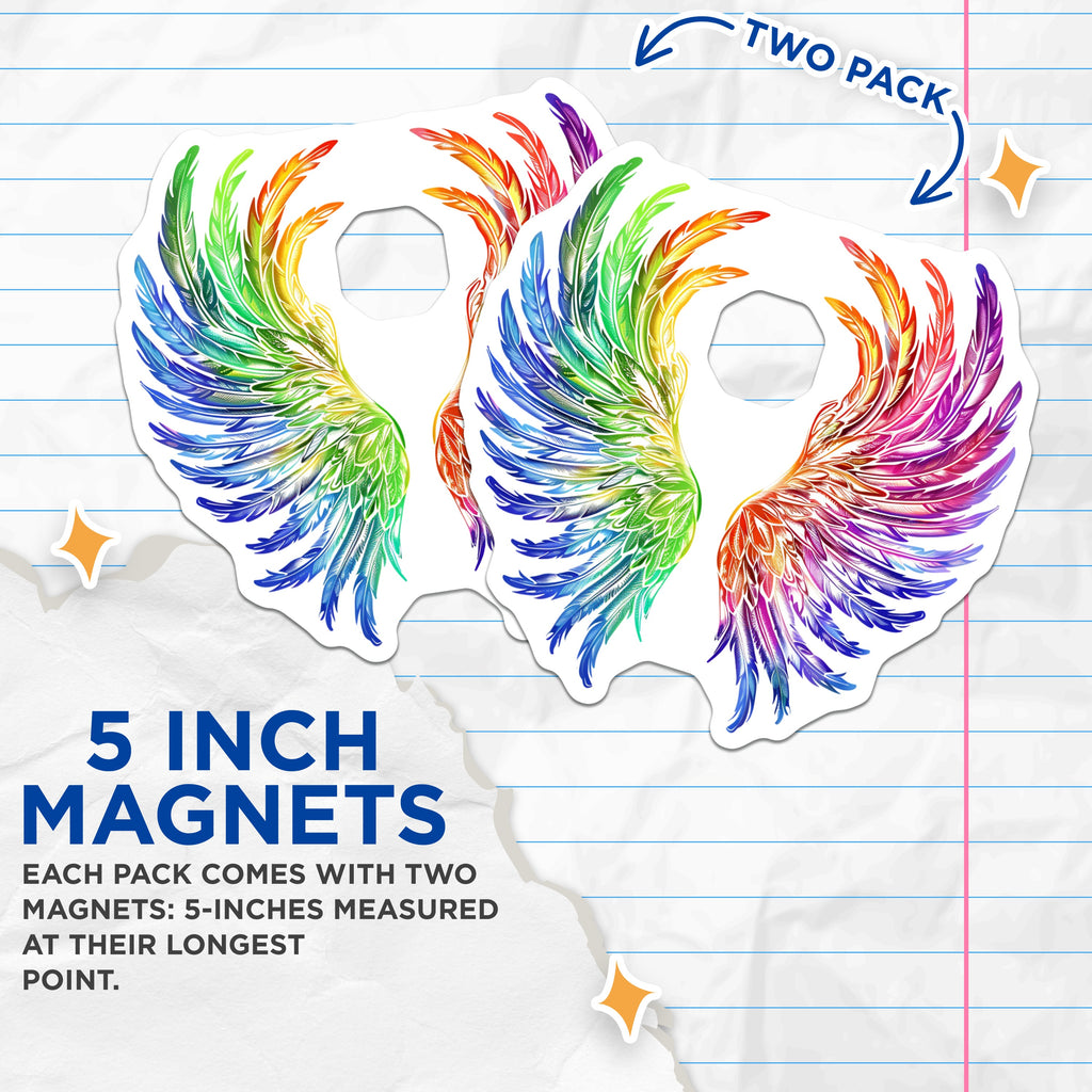 (2 Pack) Rainbow Wings Magnets - Angelic Feather Design - Vibrant LGBTQ Pride Decor - Spiritual Art Expression - 5 Inches On Longest Side - Thick Durable Magnet - Made in USA - MAG38019