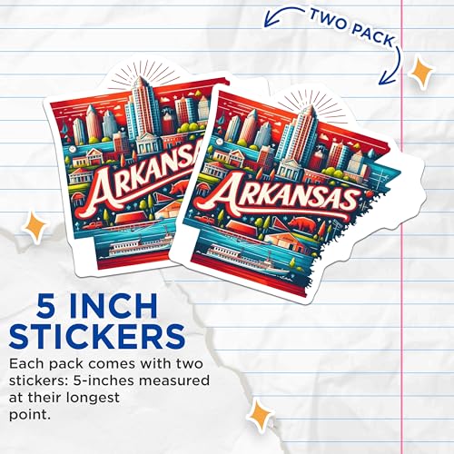(2 Pack) Arkansas State Stickers - Cityscape Art - Travel Souvenir - Vibrant Landmark Design - 5" On Longest Side - Sticks to Smooth Flat Surfaces - Made in USA - BMCS4760